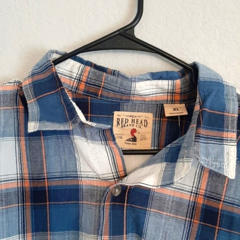 RedHead Mens XL Short Sleeve Button Down Shirt Blue Orange Plaid Dobby Pocket - Picture 3 of 9